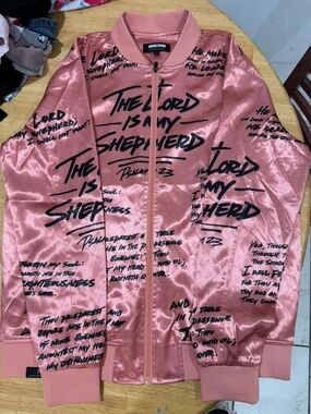 Collection B Pink Satin Bomber Jacket with Script Print